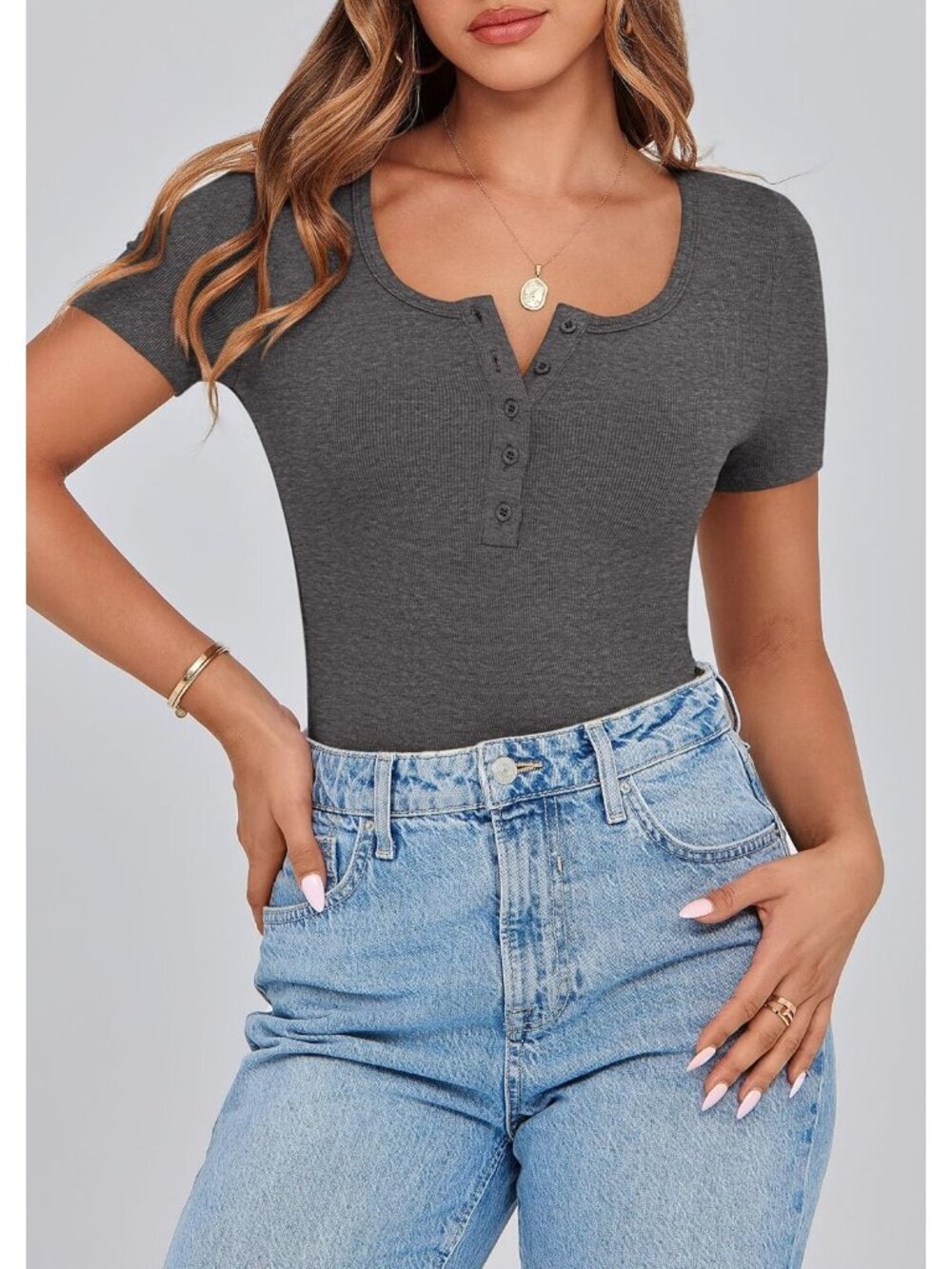 Women's Charcoal Short Sleeve Ribbed Henley Button Slim Fit Casual T Shirts - Picture 5 of 6